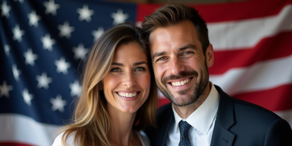 a man and a woman are smiling for a picture together in front of an american flag and a flag, Anne R