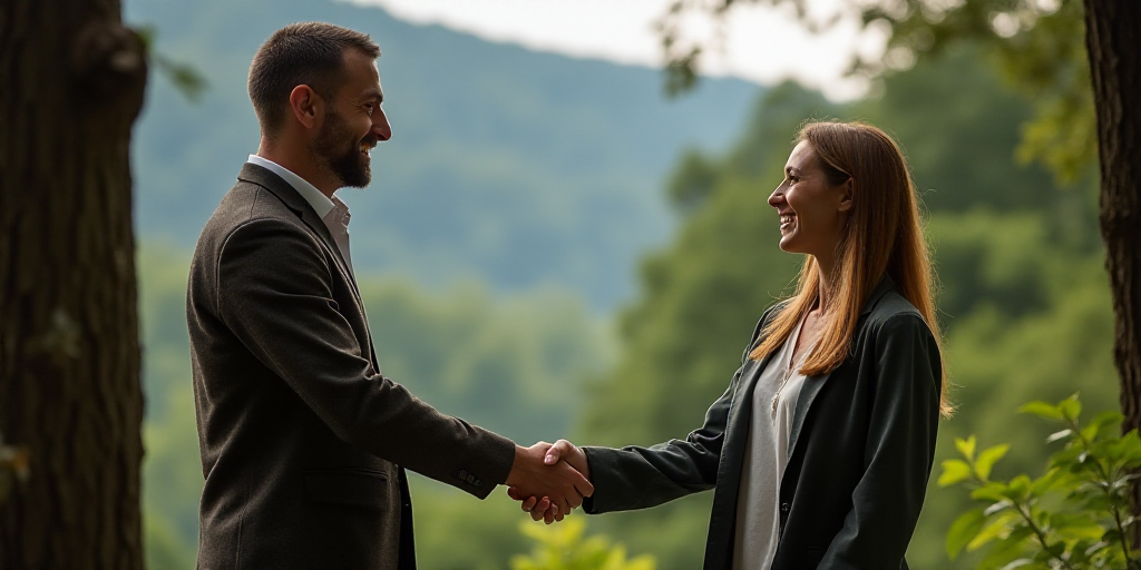 a man and a woman shaking hands in front of trees and a forest in the background with a forest in th