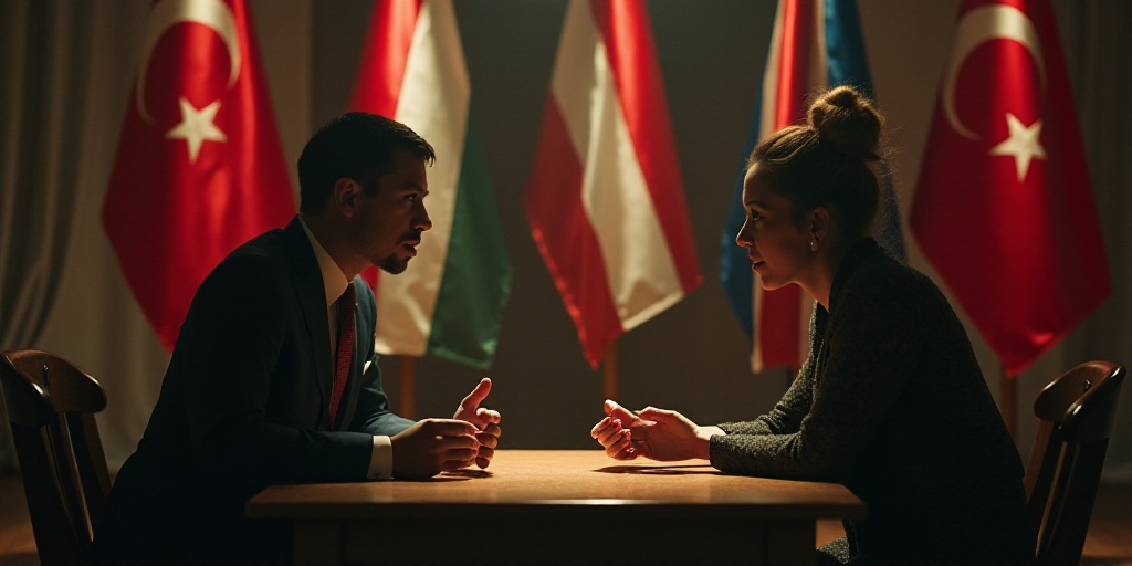 a man and a woman sitting at a table talking to each other in front of flags and flags behind them,
