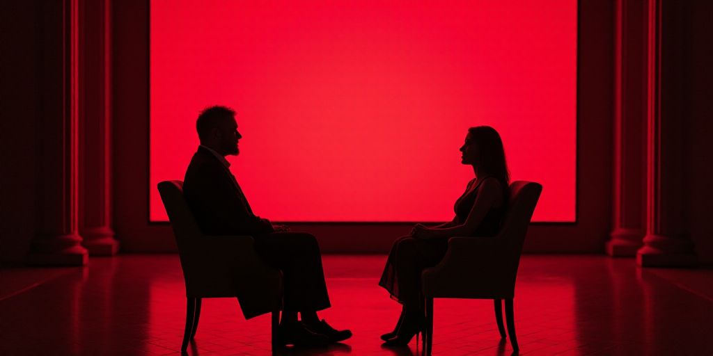 a man and a woman sitting in chairs talking to each other in front of a red church with a red screen