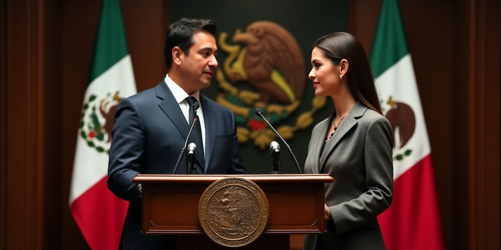 a man and a woman standing at a podium in front of flags of mexico and mexico and mexico's coat of a