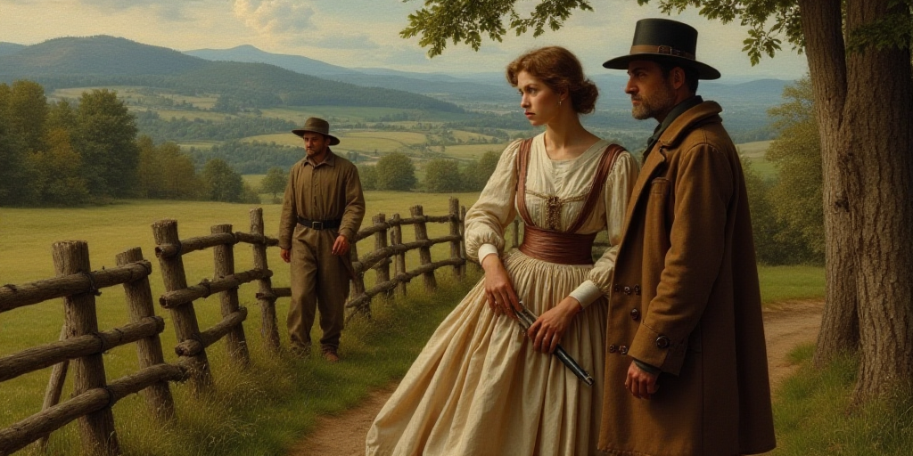 a man and a woman standing next to a fence with a man in a hat on it and a woman in a dress, Araceli