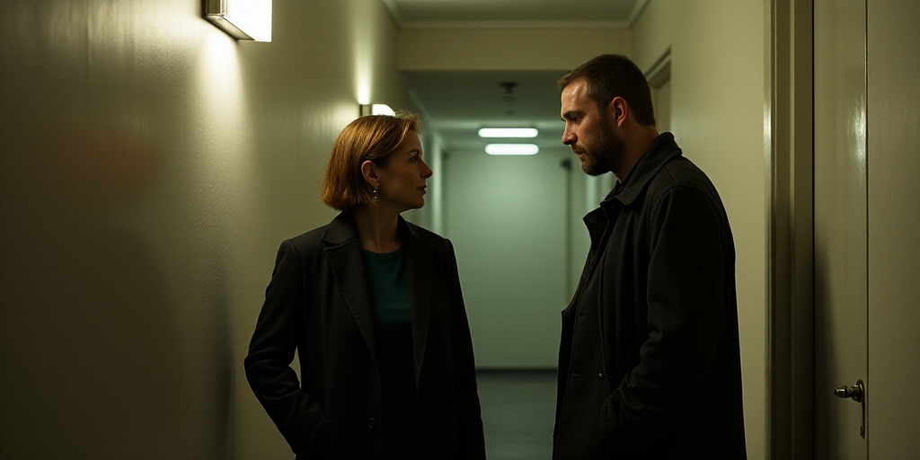 a man and a woman standing next to each other in a hallway with a light fixture above them and a doo