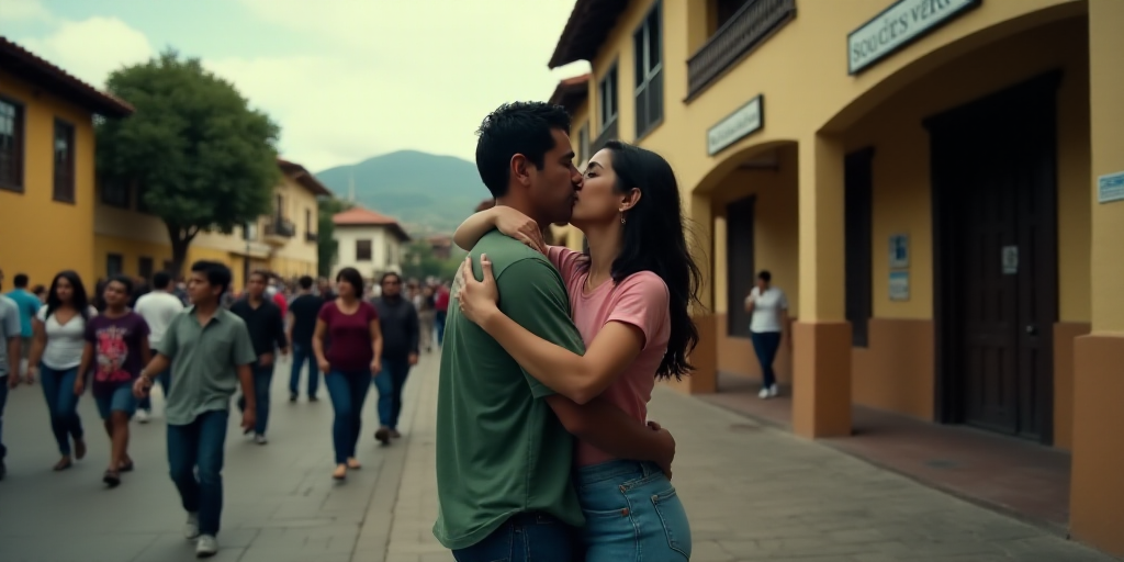 a man and woman hugging on a sidewalk in front of a building with a lot of people walking by, Estuar