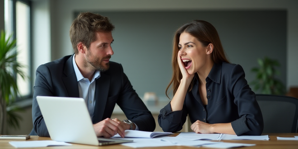 a man and woman in an office setting with a laptop and papers in front of them, with a woman screami