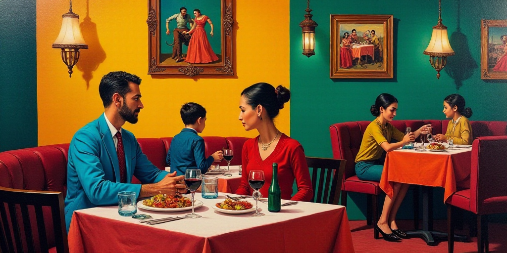 a man and woman sitting at a table in a restaurant with a painting on the wall behind them and a wom