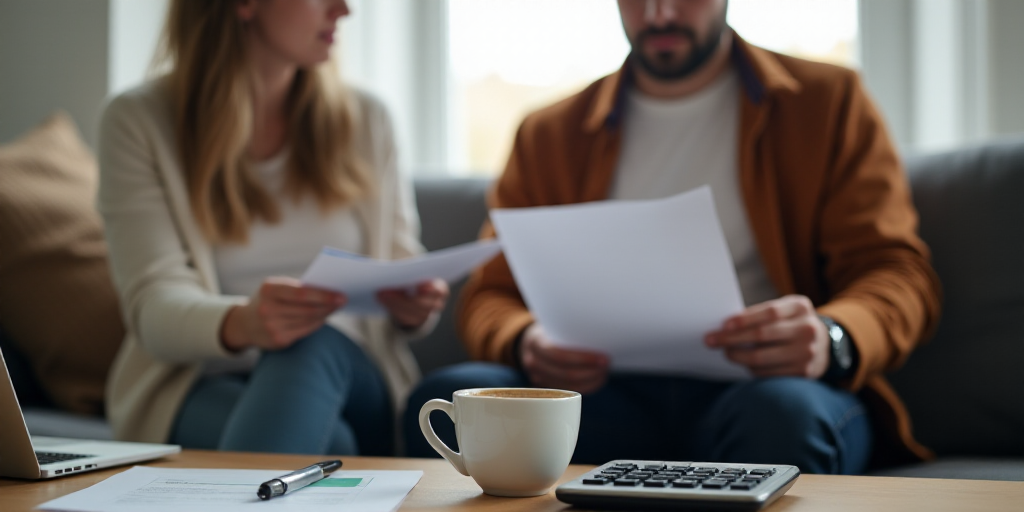a man and woman sitting on a couch looking at paperwork and a calculator on a table with a cup of co