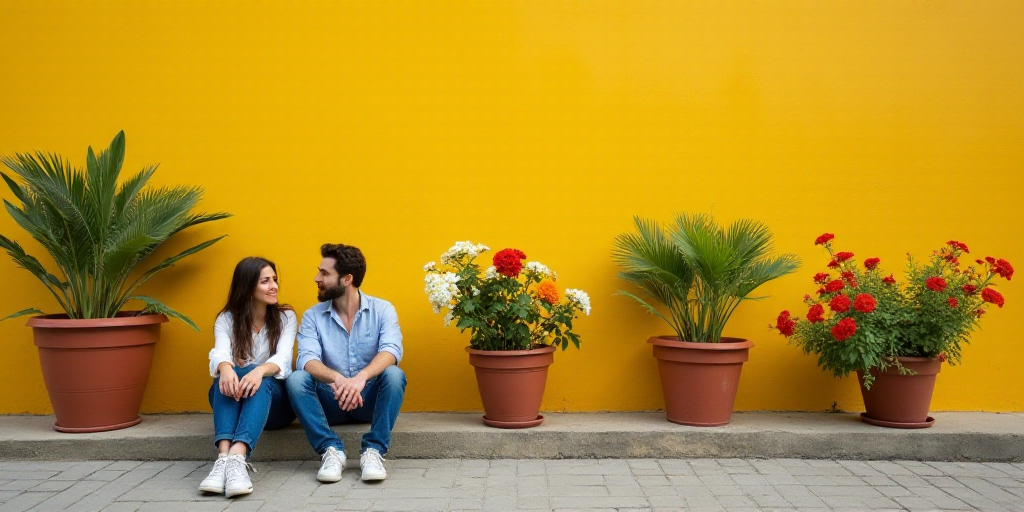 a man and woman sitting on a step next to flowers and potted plants in front of a yellow wall, Ada G