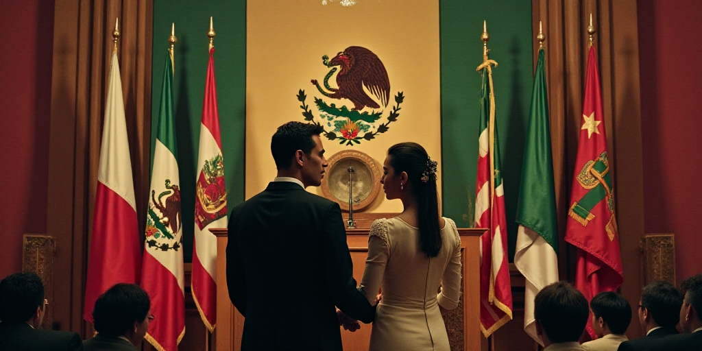a man and woman standing at a podium in front of flags and a painting of mexican president and first