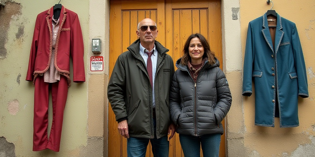 a man and woman standing in front of a wall with flags and a coat on it and a sign that says sego, C