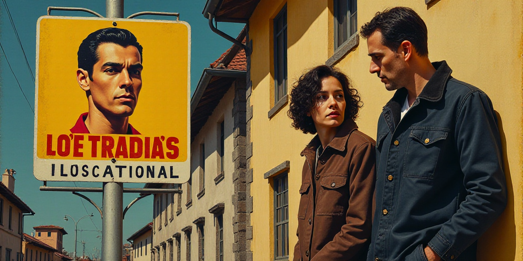 a man and woman standing next to each other near a sign with a picture of a man on it, Évariste Vit