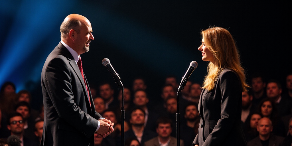 a man and woman standing on stage with microphones in front of them and people watching them from th