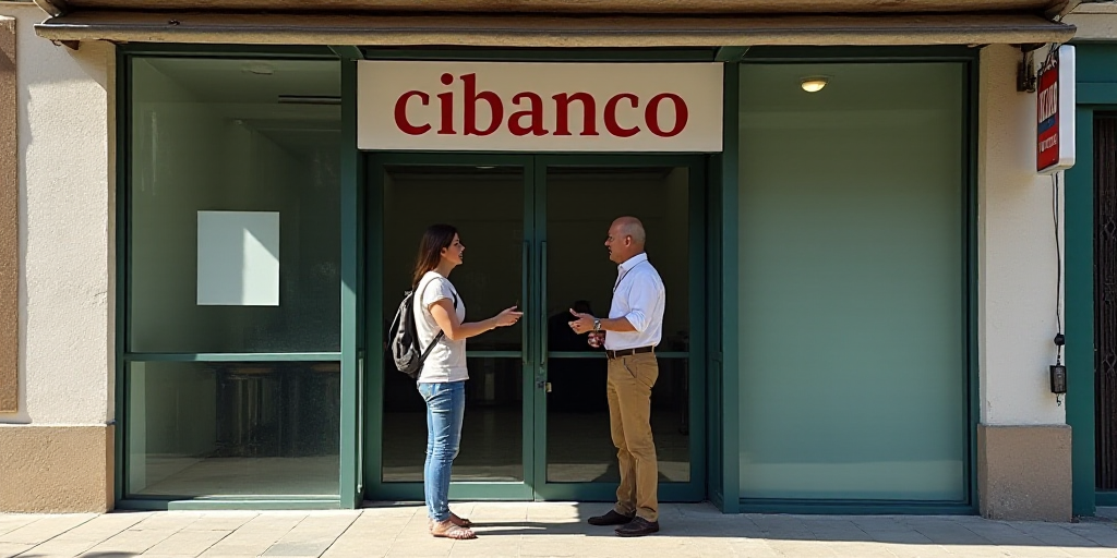 a man and woman standing outside of a bank building talking to each other in front of a sign that sa