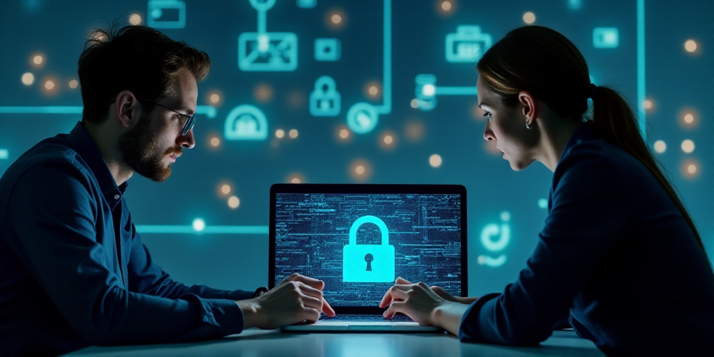 a man and woman working on a laptop computer with a padlock on the screen and icons above them, Engu