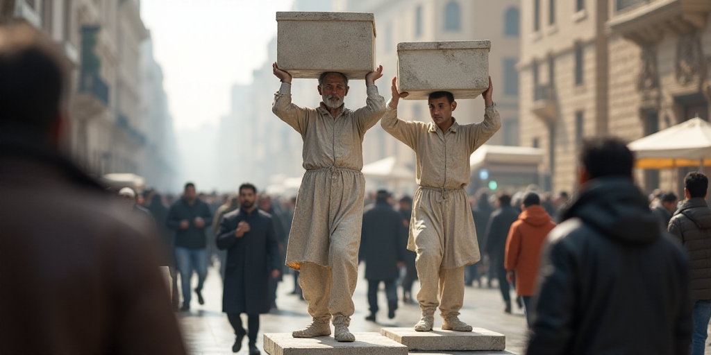 a man carrying a box on his head while another man carries a box on his shoulder in a crowded area,
