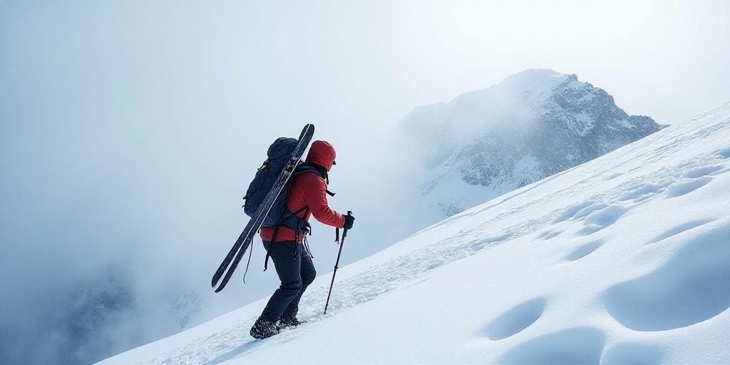 a man climbing up a snowy mountain with a backpack on his back and a pair of skis on his shoulder, D