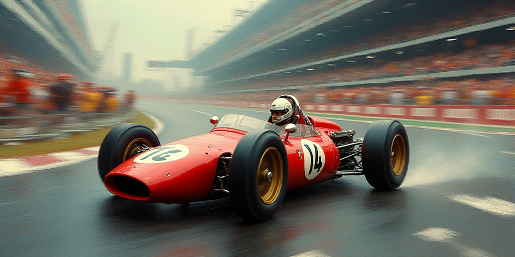 a man driving a racing car on a race track with a blurry background of a crowd of people, David Park