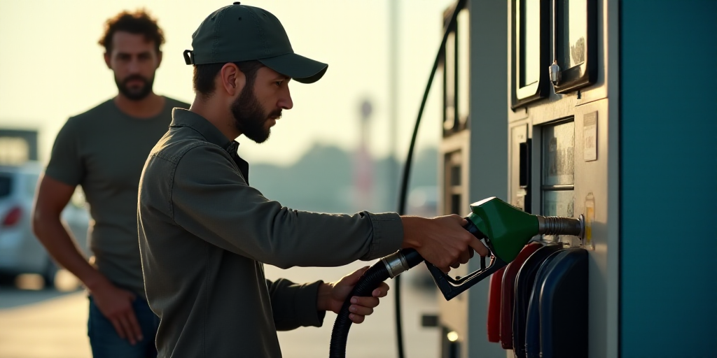 a man filling up a gas pump at a gas station with another man standing nearby and a gas pump in the