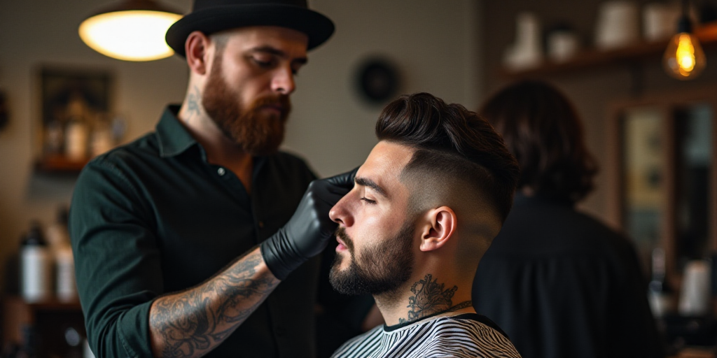 a man getting his hair cut by a barber in a barber shop with a man in a hat on, Altichiero, head in