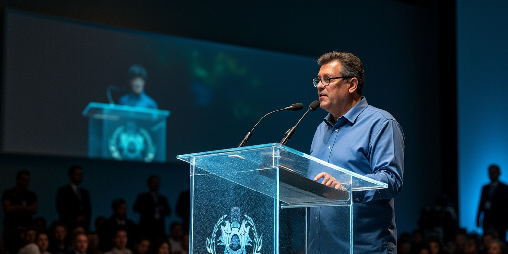 a man giving a speech at a podium with a microphone in front of him and a sign behind him, Estuardo
