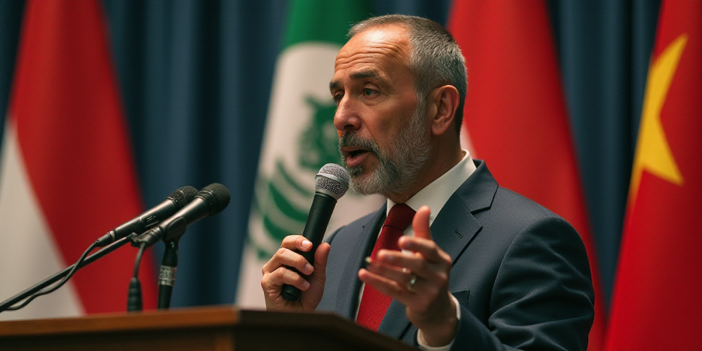 a man giving a speech in front of flags and a microphone with a microphone in his hand and a microph