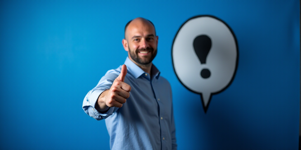 a man giving a thumbs up in front of a blue backdrop with a white and black logo on it, Antonín Sla