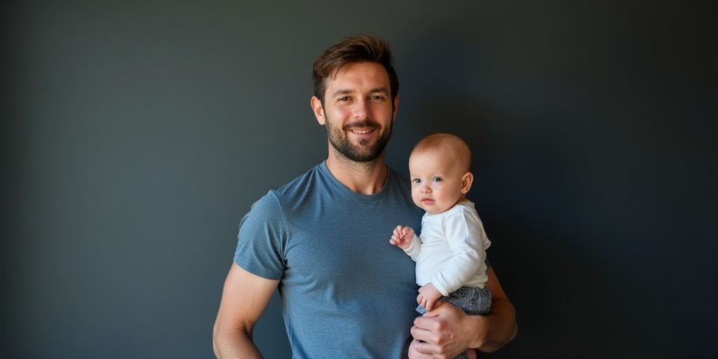 a man holding a baby in his arms while wearing a blue shirt and a blue shirt on his chest, Adam Bruc