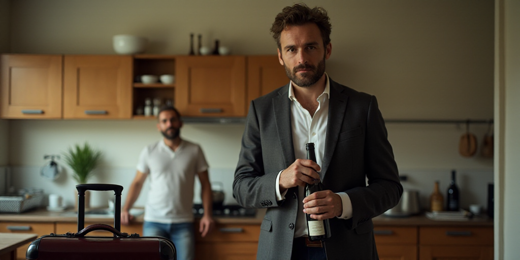 a man holding a bottle of wine in a kitchen with a suitcase in front of him and a man in the backgro
