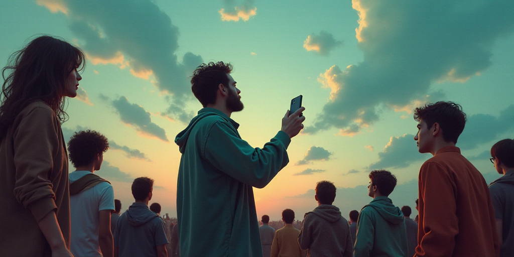 a man holding a cell phone in his hand and looking up at the sky with other people around him, Carlo