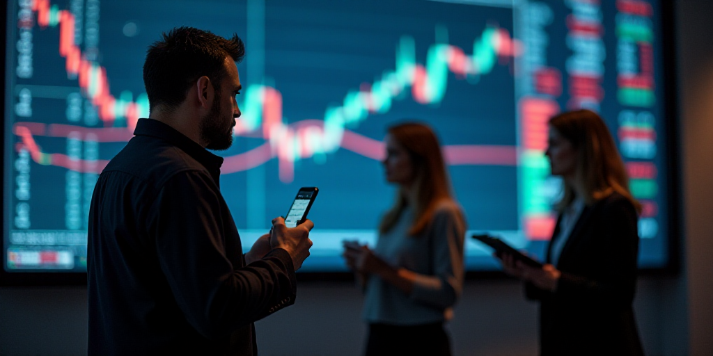 a man holding a cell phone in front of a stock market board with a woman looking at it and another w
