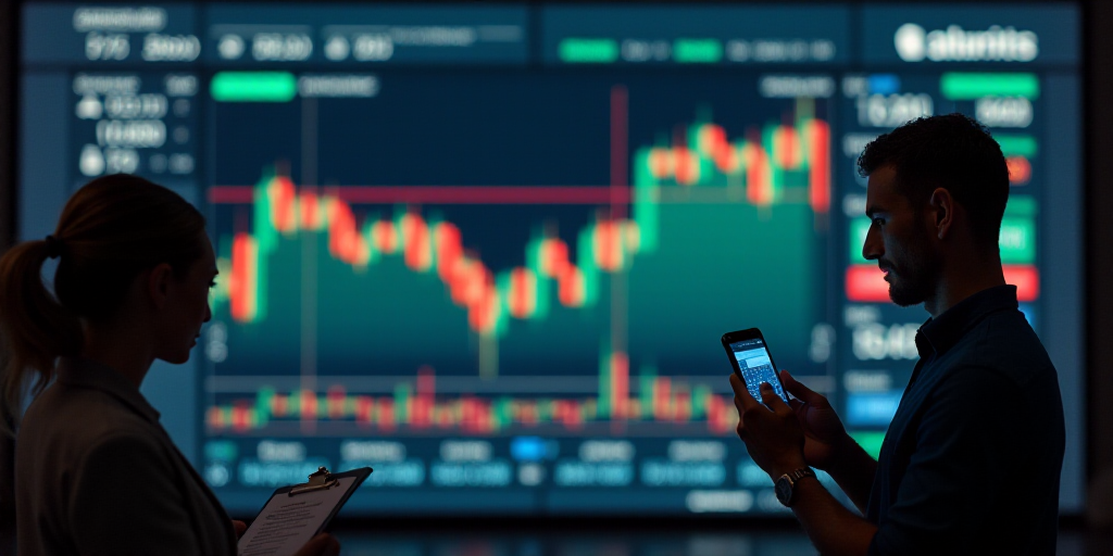 a man holding a cell phone in front of a stock market board with a woman looking at it and another w