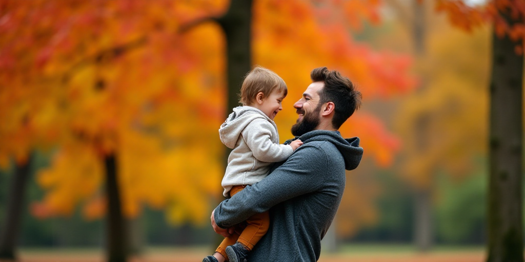a man holding a child in his arms in front of a tree with orange leaves in the background and a yell
