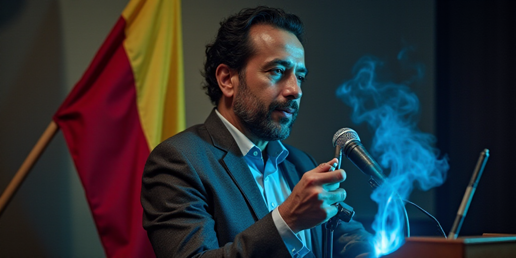 a man holding a cigarette in front of a microphone and a flag behind him with a pen in his hand, Car