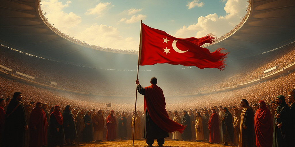 a man holding a flag in front of a crowd of people at a sporting event in a stadium with a large cro