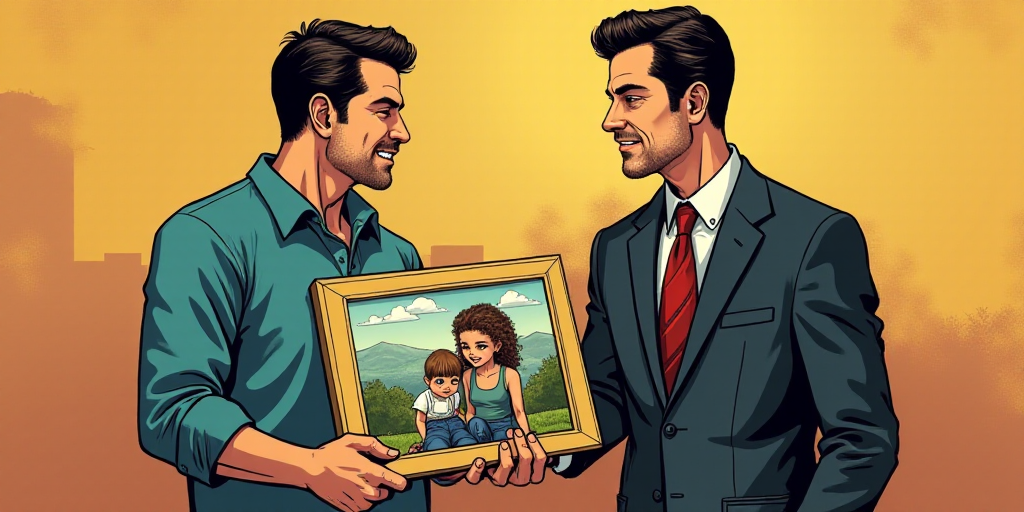 a man holding a framed picture with a woman and a child in front of him and a man in a suit and tie,