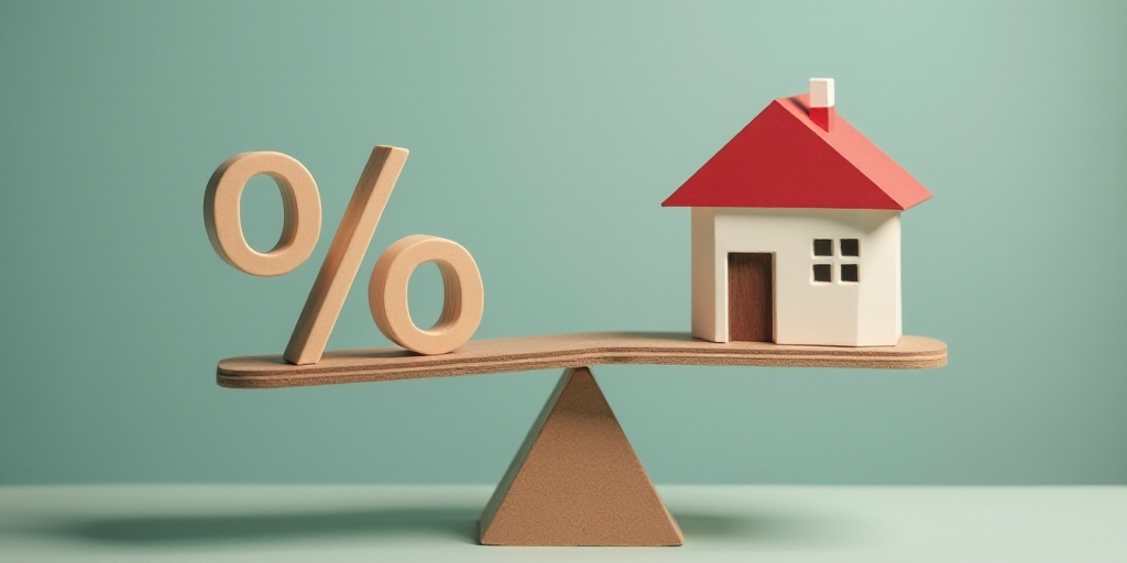 a man holding a house and a small house on a scale with a percentage sign on it, with a red percenta