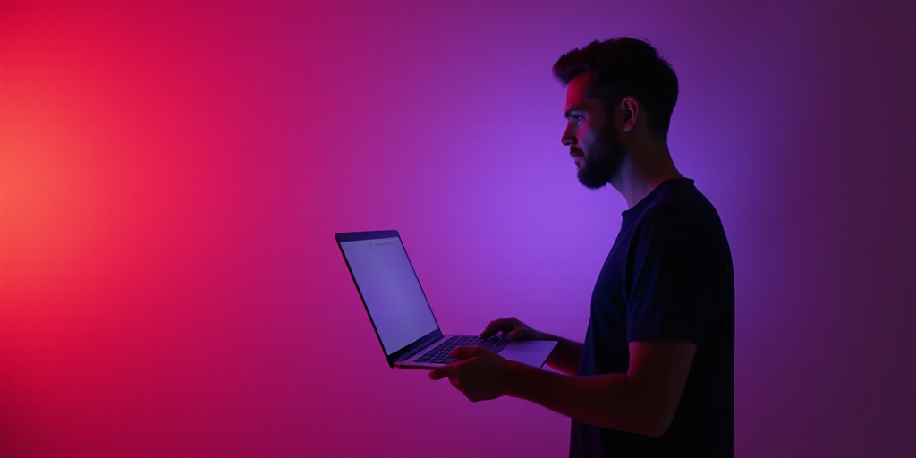 a man holding a laptop computer in his hands and a purple background with a red and orange backgroun