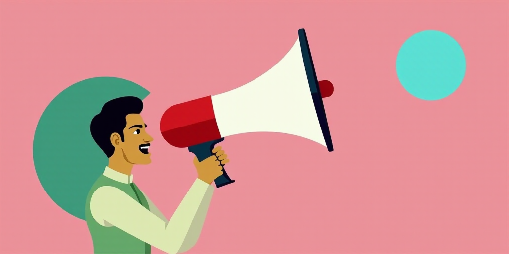 a man holding a megaphone with a pink background and a green circle with a pink background and a blu