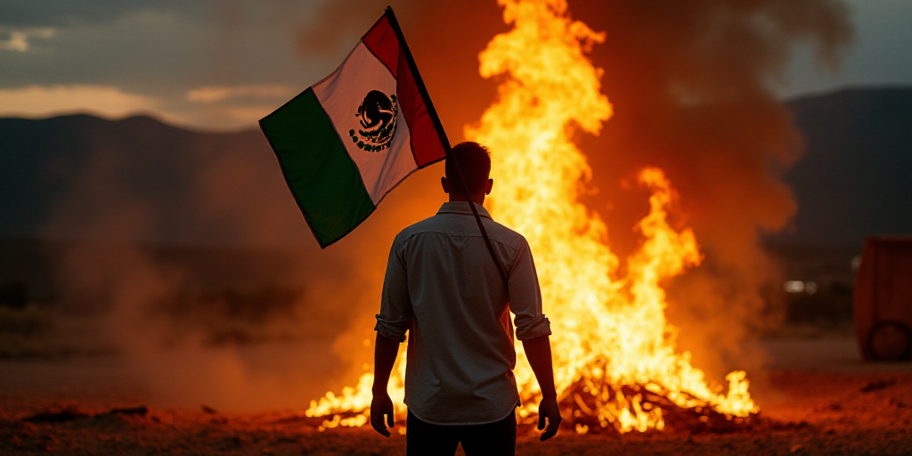 a man holding a mexican flag standing in front of a fire with a mexican flag on it's chest, Estuardo
