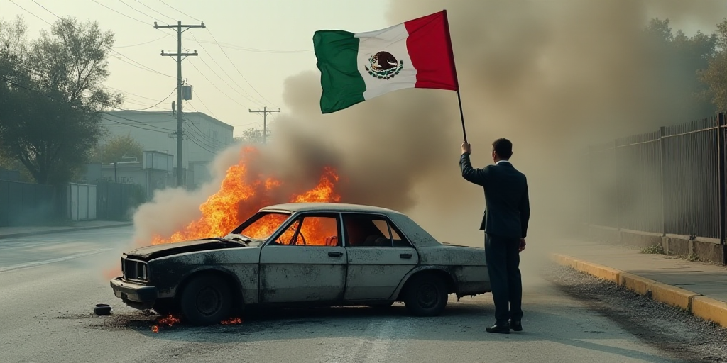 a man holding a mexican flag standing next to a burned car in a street with smoke coming out of it,