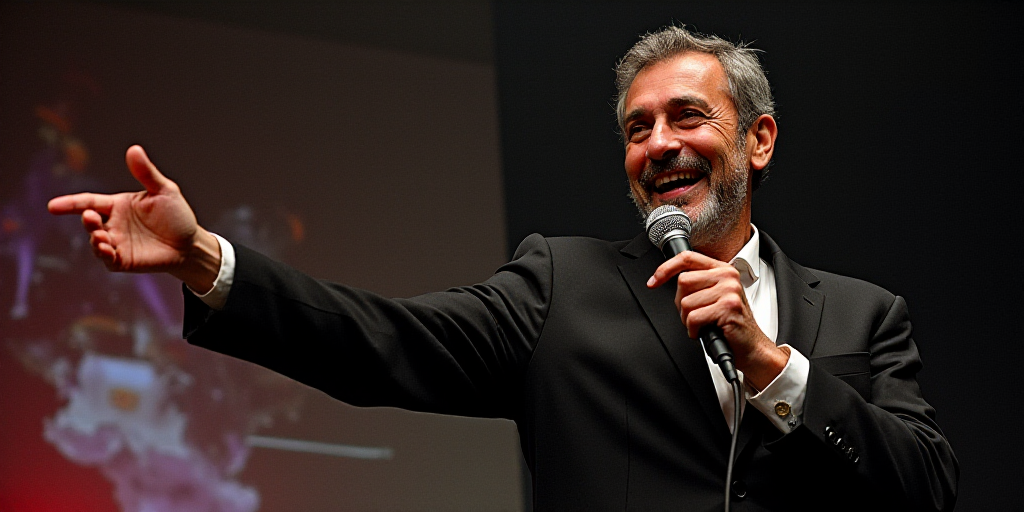 a man holding a microphone in his right hand and pointing it at the camera with a smile on his face,