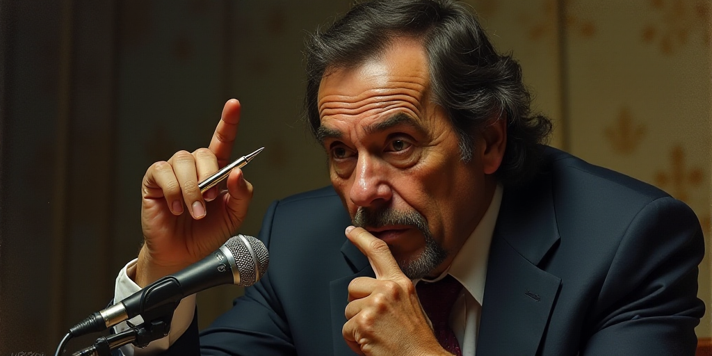 a man holding a pen and pointing to it with a finger in his mouth while sitting at a microphone, Car
