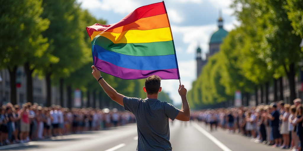a man holding a rainbow flag in a parade with people watching from the sidelines of the road and a m