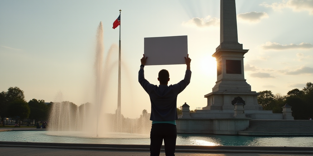 a man holding a sign in front of a monument with a flag and a flagpole in the background, Cherryl Fo