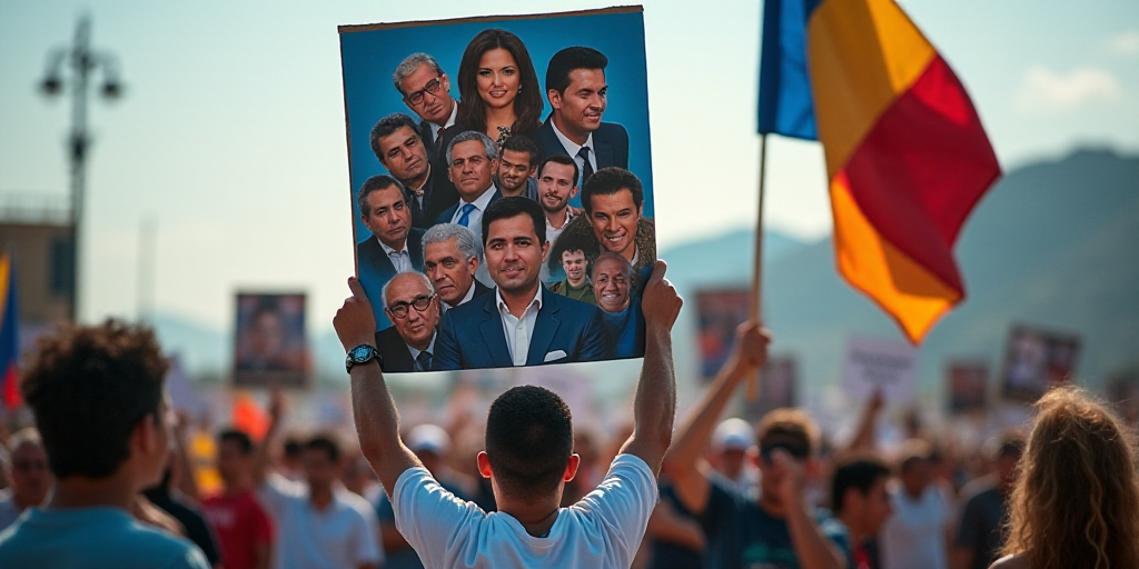 a man holding a sign with a bunch of political pictures on it with a man holding a flag in front of