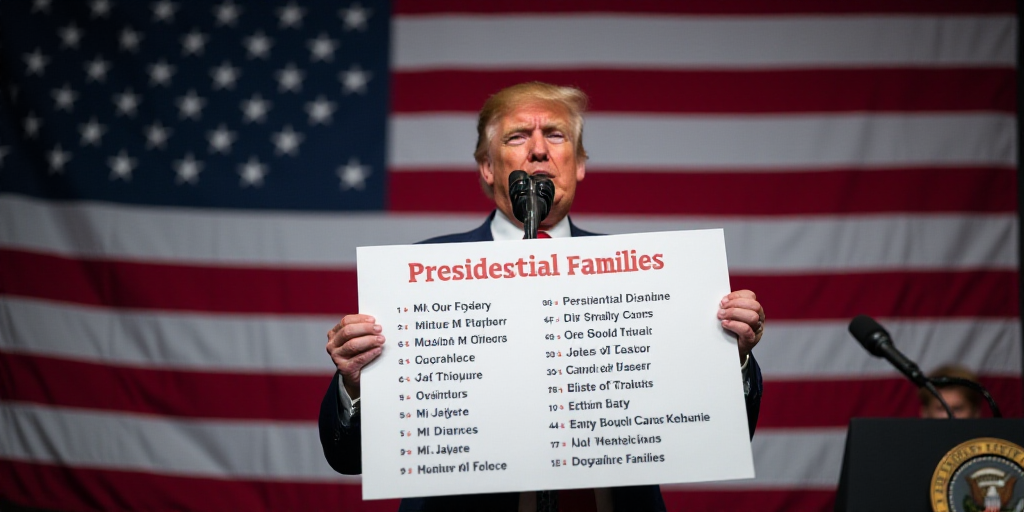a man holding a sign with a list of presidential families on it in front of a microphone and america