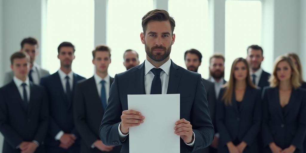 a man holding a signed document in front of a group of people in suits and ties in a white room, Dan