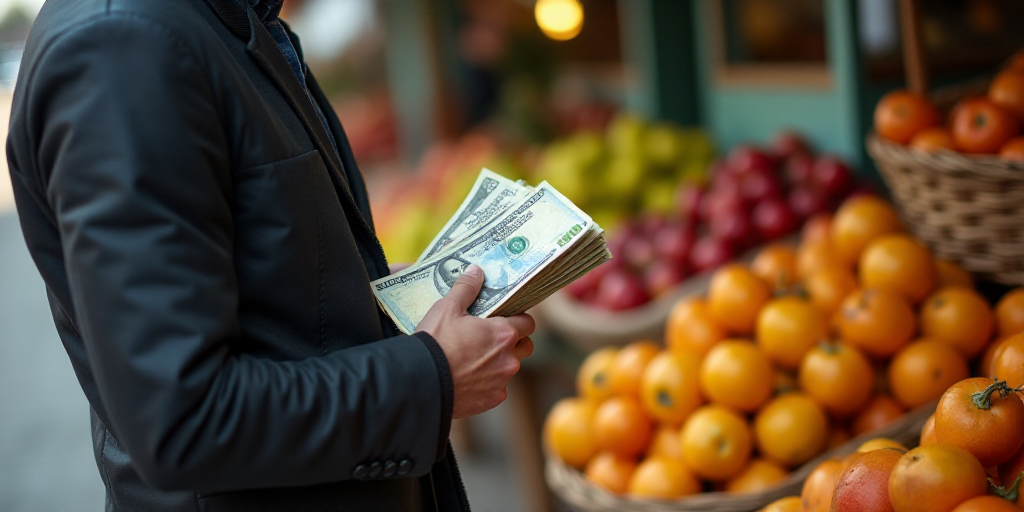 a man holding a stack of money in his hands next to a fruit stand with fruit on display in baskets,