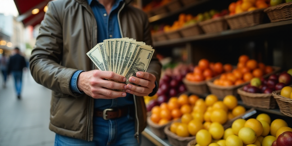 a man holding a stack of money in his hands next to a fruit stand with fruit on display in baskets,