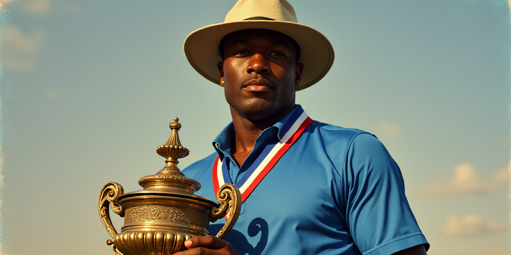 a man holding a trophy and wearing a hat and blue shirt with a white and red stripe around his neck,